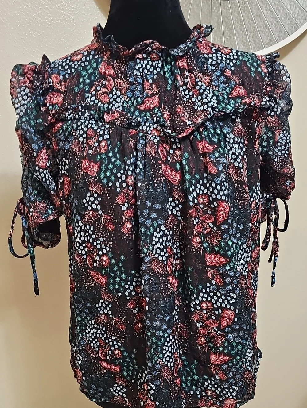 LOFT Black Sheer Floral Ruffle Blouse with Pink & Teal Accents